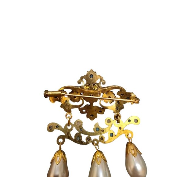 Antique Possible French Gilt Elaborate Glass Pearl Dangle Brooch Trombone Clasp - Picture 5 of 7